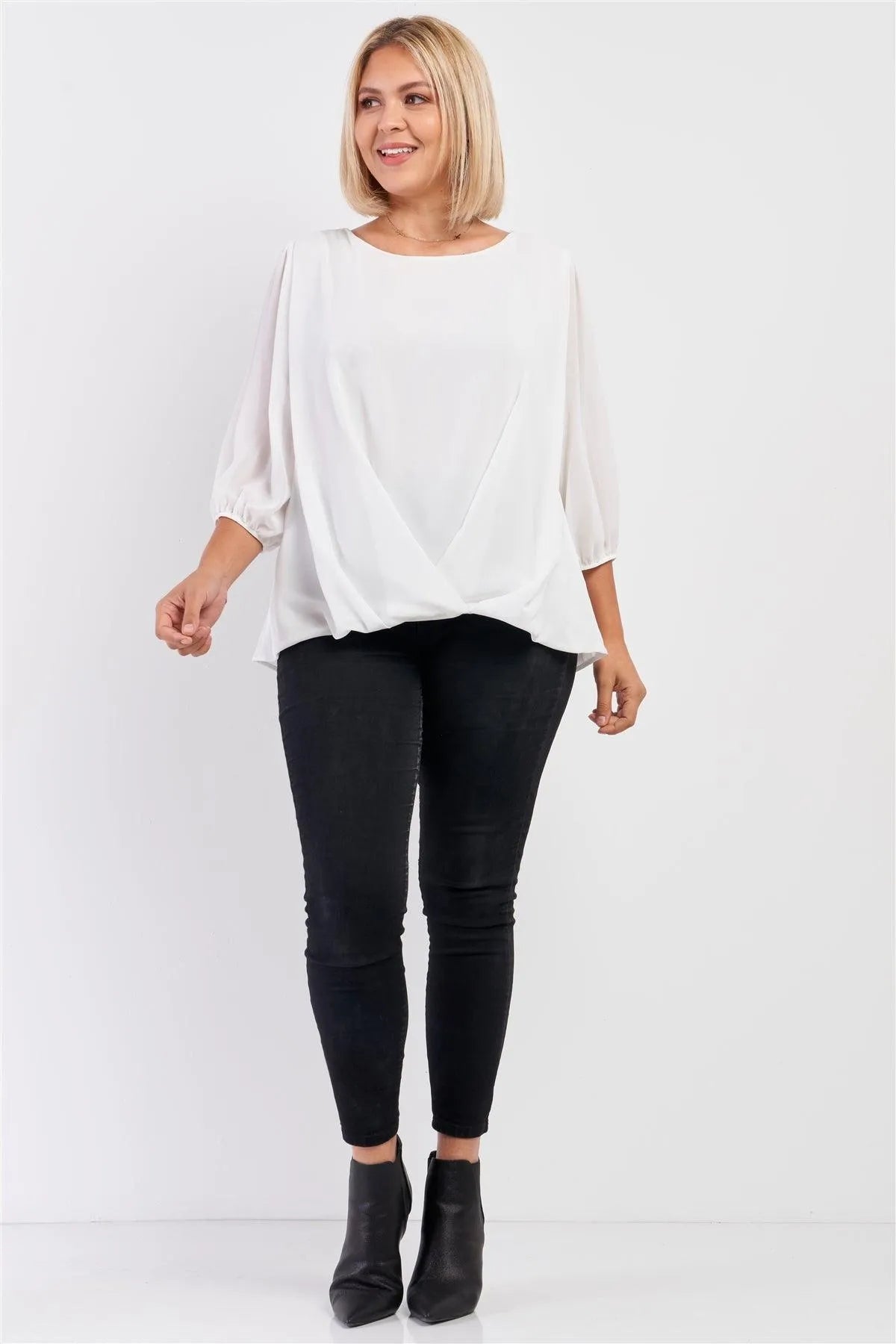 Junior Plus Solid White Loose Fit Front Wrap Detail Elasticized Cuff Ballon Midi Sleeve Top /2-2-1 - Tasha Apparel Wholesale
