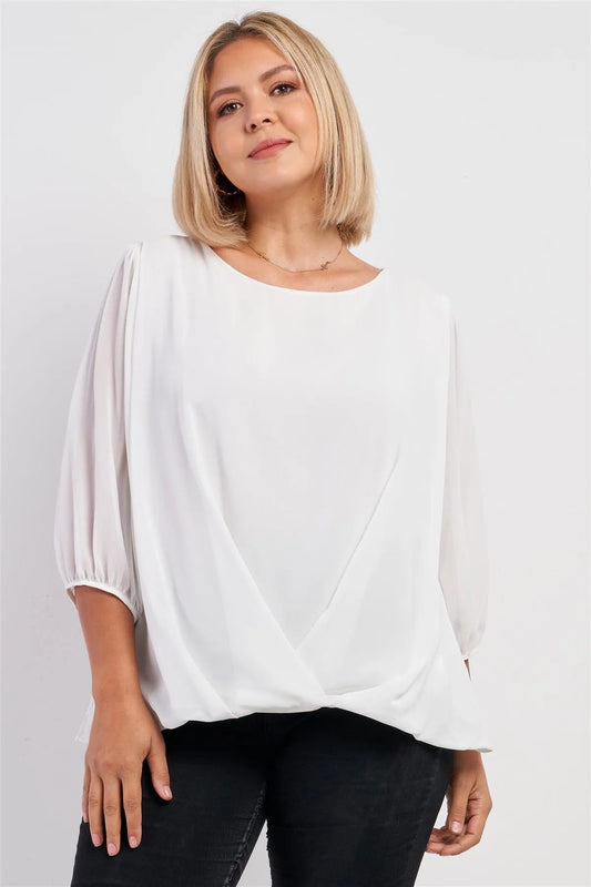 Junior Plus Solid White Loose Fit Front Wrap Detail Elasticized Cuff Ballon Midi Sleeve Top /3-2-1 - Tasha Apparel Wholesale