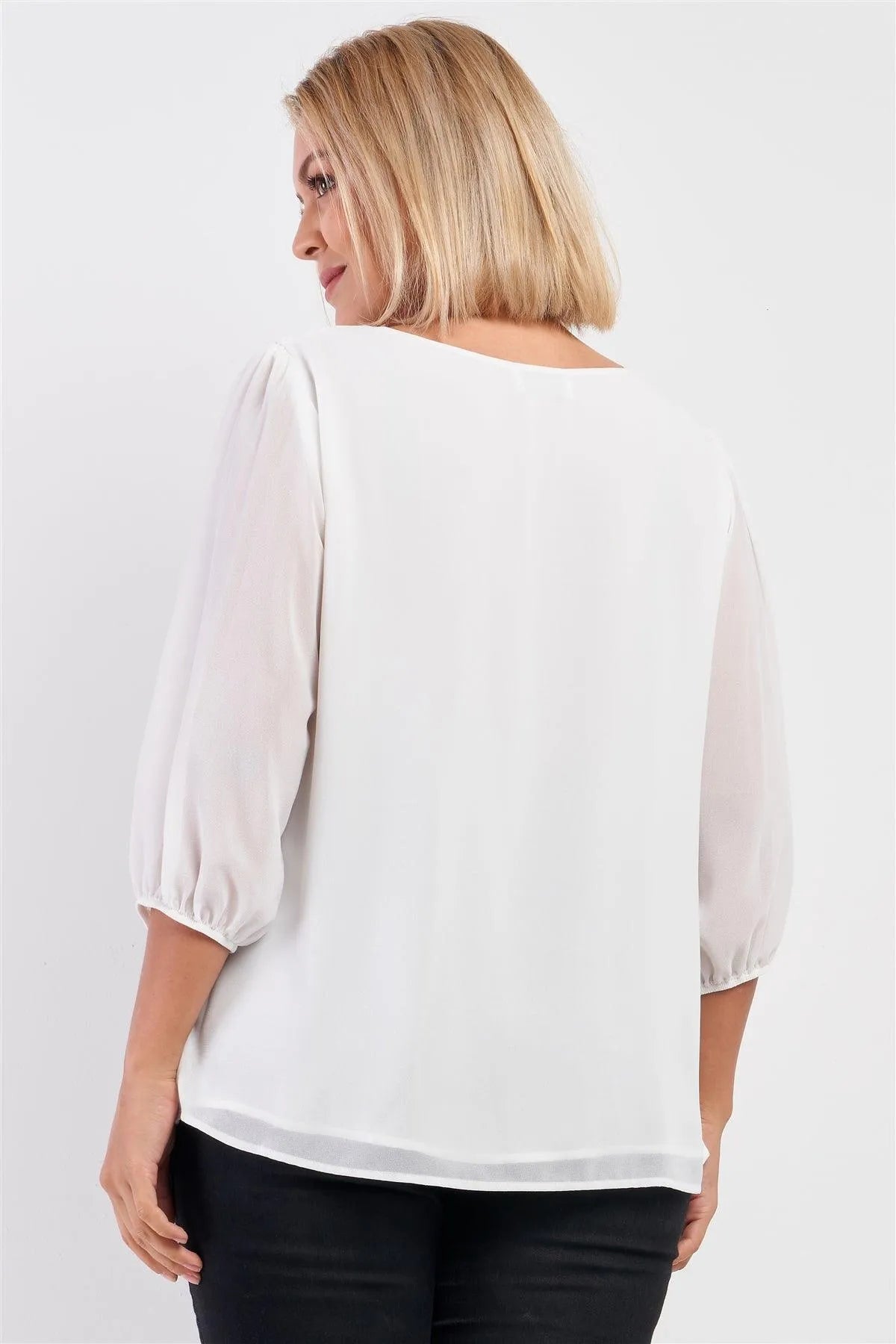 Junior Plus Solid White Loose Fit Front Wrap Detail Elasticized Cuff Ballon Midi Sleeve Top /3-2-1 - Tasha Apparel Wholesale