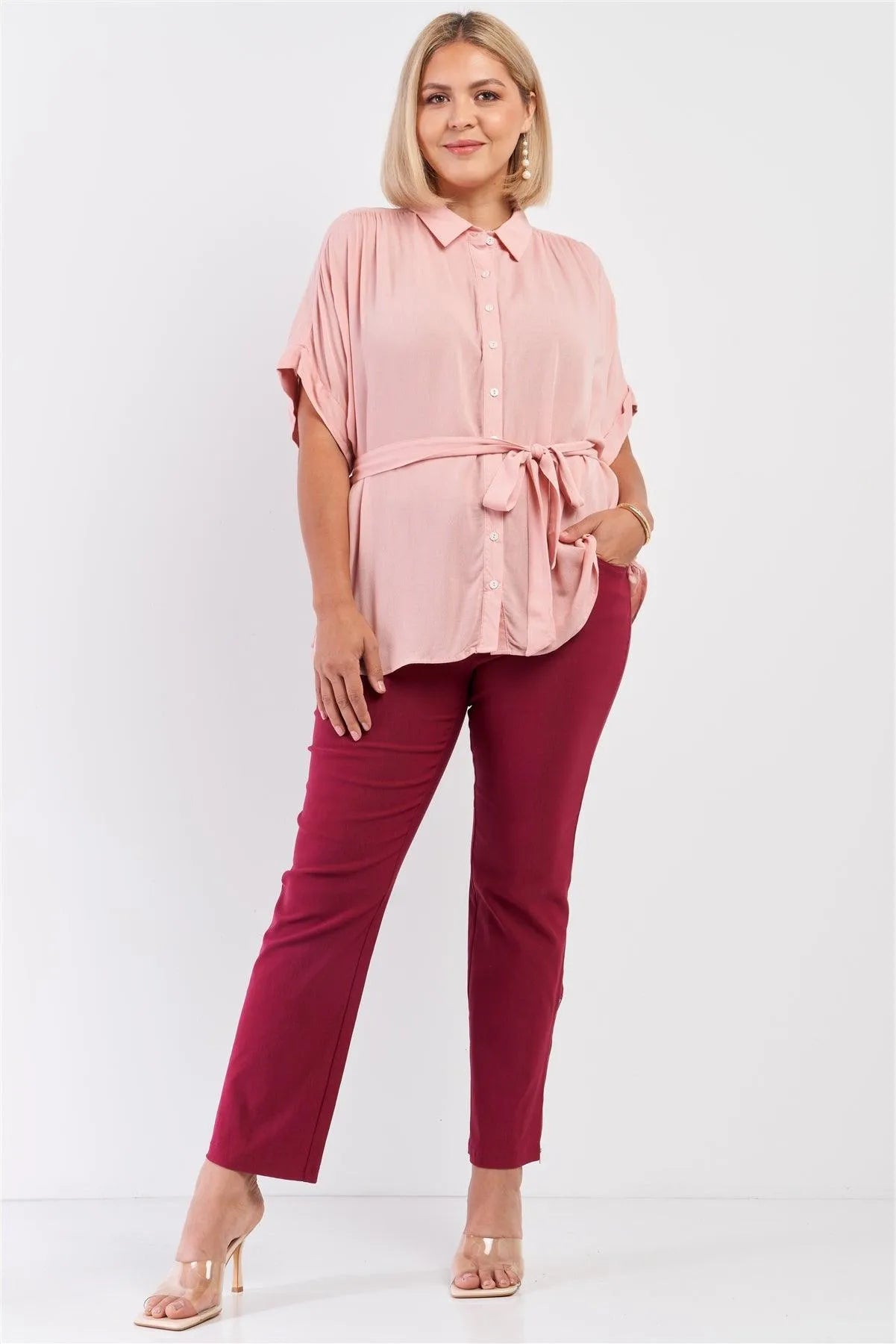 Junior Plus Size Mauve Short Sleeve Button Down Self-Tie Waist Belt Shirt /1-2-1 - Tasha Apparel Wholesale