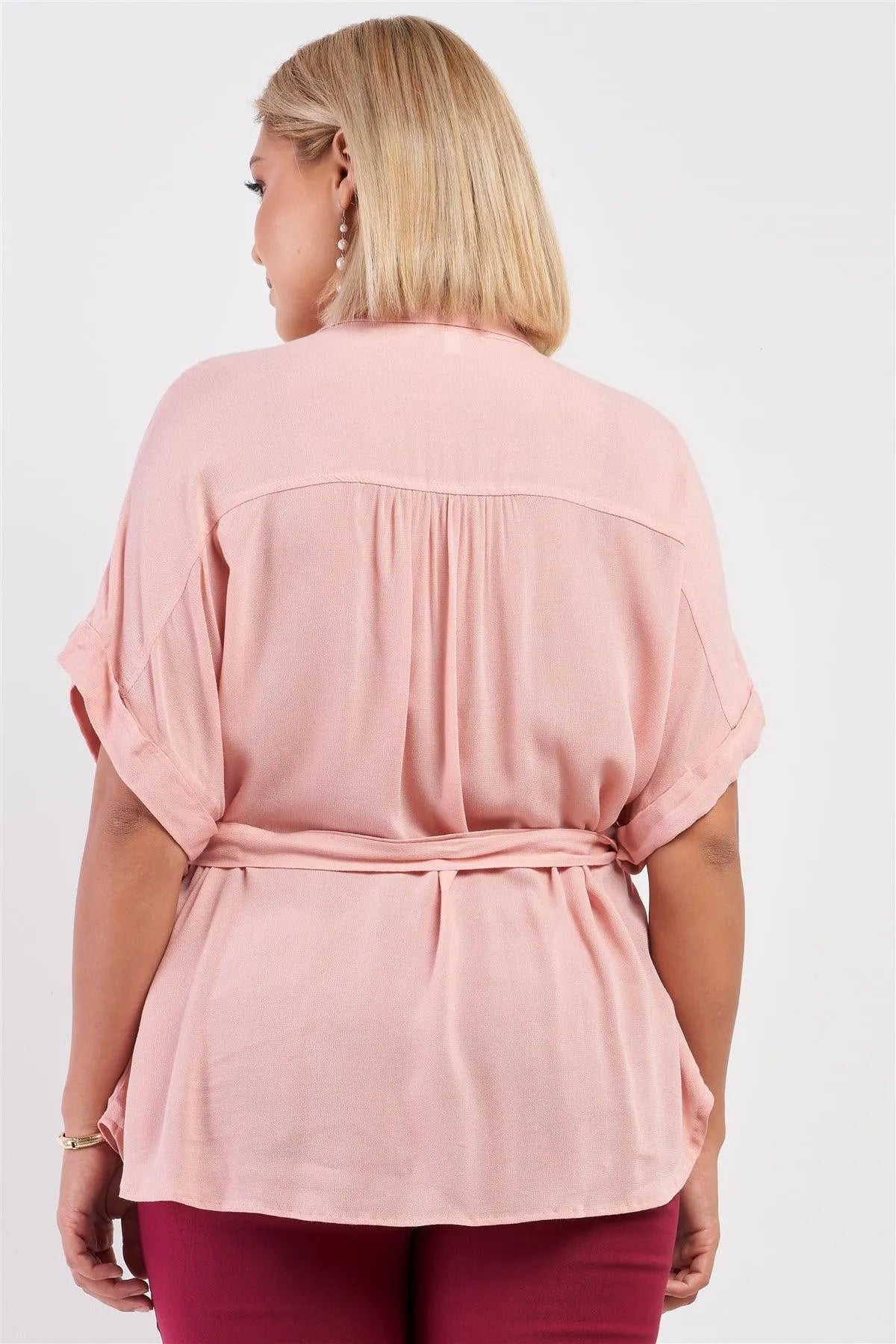 Junior Plus Size Mauve Short Sleeve Button Down Self-Tie Waist Belt Shirt /1-2-1 - Tasha Apparel Wholesale