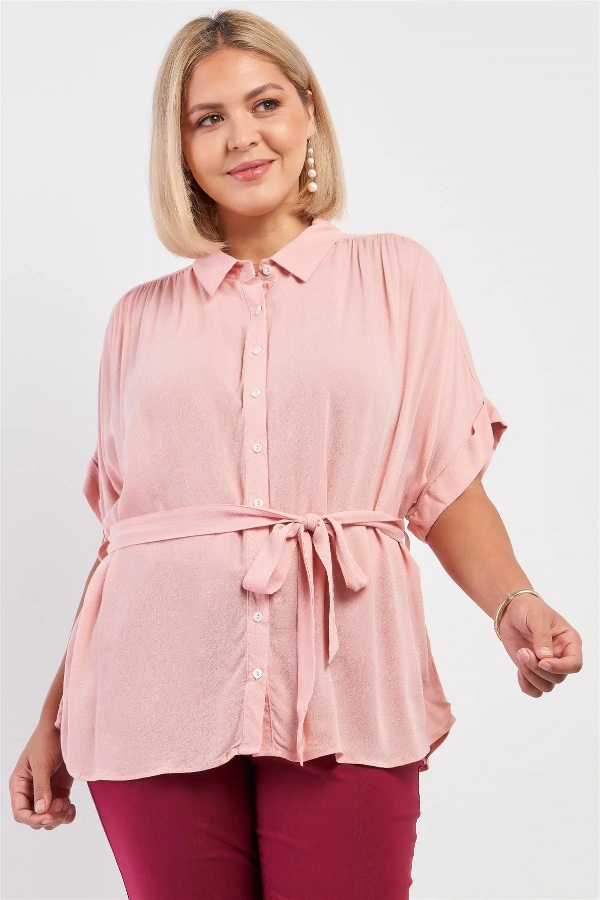 Junior Plus Size Mauve Short Sleeve Button Down Self-Tie Waist Belt Shirt /3-2-1 - Tasha Apparel Wholesale