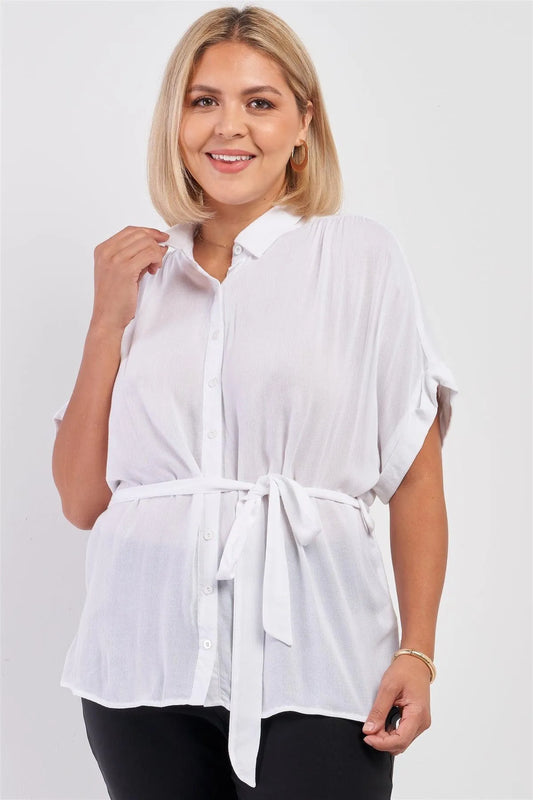 Junior Plus Off-White Short Sleeve Button Down Self-Tie Waist Belt Detail Shirt /3-2-1 - Tasha Apparel Wholesale