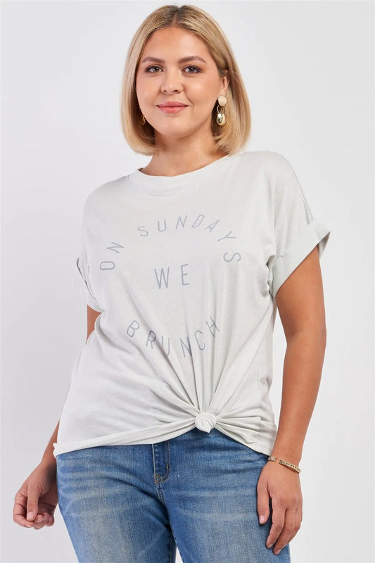 Junior Plus Dusty Green "On Sundays We Brunch" Print Logo Self-Tie Knot Hem Top /3-2-1 - Tasha Apparel Wholesale
