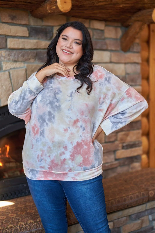 Junior Plus Multi Tie-Dye Crew Neck Long Bat Sleeve Dropped Shoulders Sweatshirt /3-2-1 - Tasha Apparel Wholesale