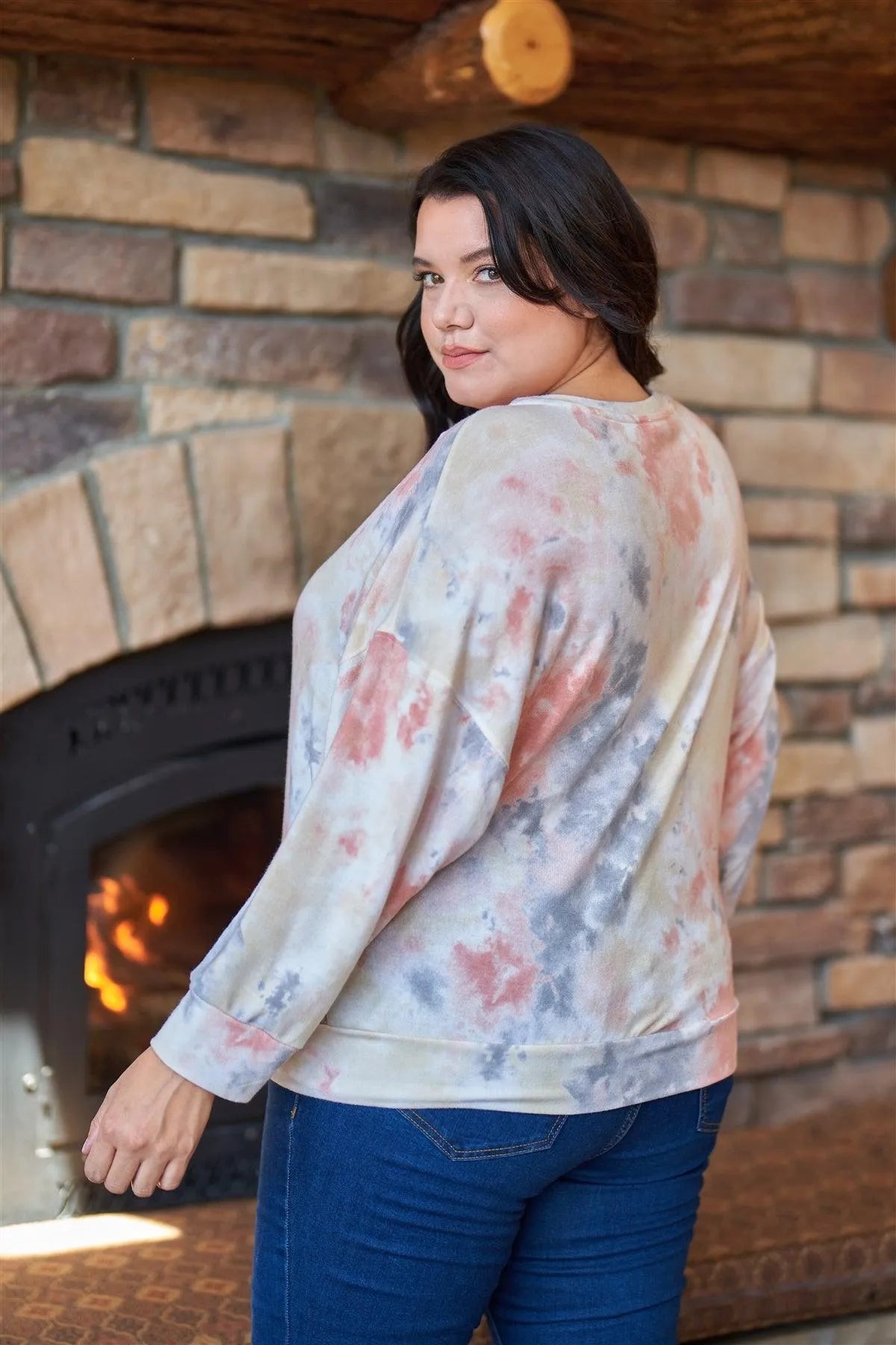 Junior Plus Multi Tie-Dye Crew Neck Long Bat Sleeve Dropped Shoulders Sweatshirt /3-2-1 - Tasha Apparel Wholesale