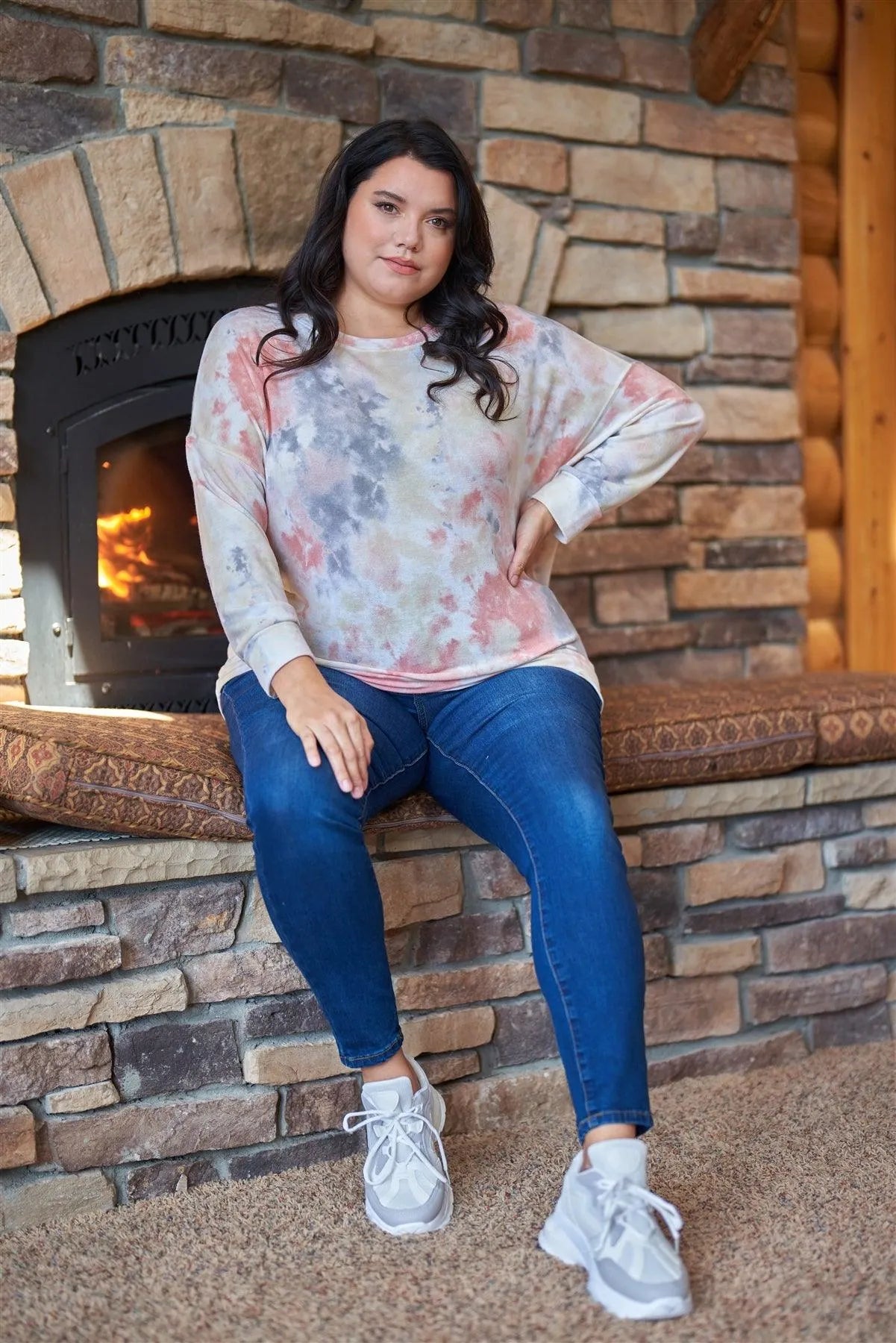 Junior Plus Multi Tie-Dye Crew Neck Long Bat Sleeve Dropped Shoulders Sweatshirt /3-2-1 - Tasha Apparel Wholesale