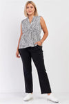 Junior Plus Black & White Leopard Print V-Neck Sleeveless Self-Tie Back Detail Flare Top /3-1-1 - Tasha Apparel Wholesale