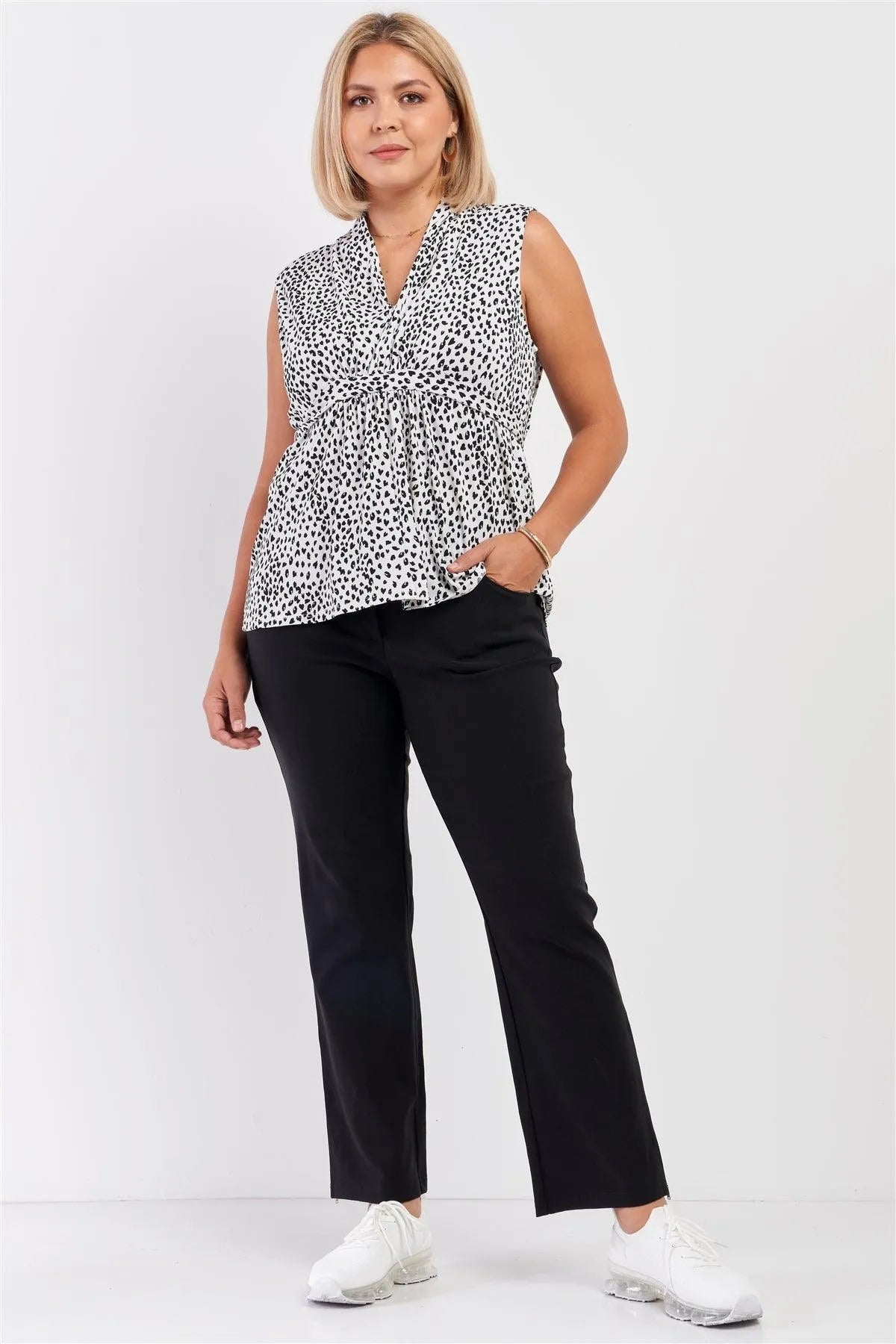 Junior Plus Black & White Leopard Print V-Neck Sleeveless Self-Tie Back Detail Flare Top /3-1-1 - Tasha Apparel Wholesale