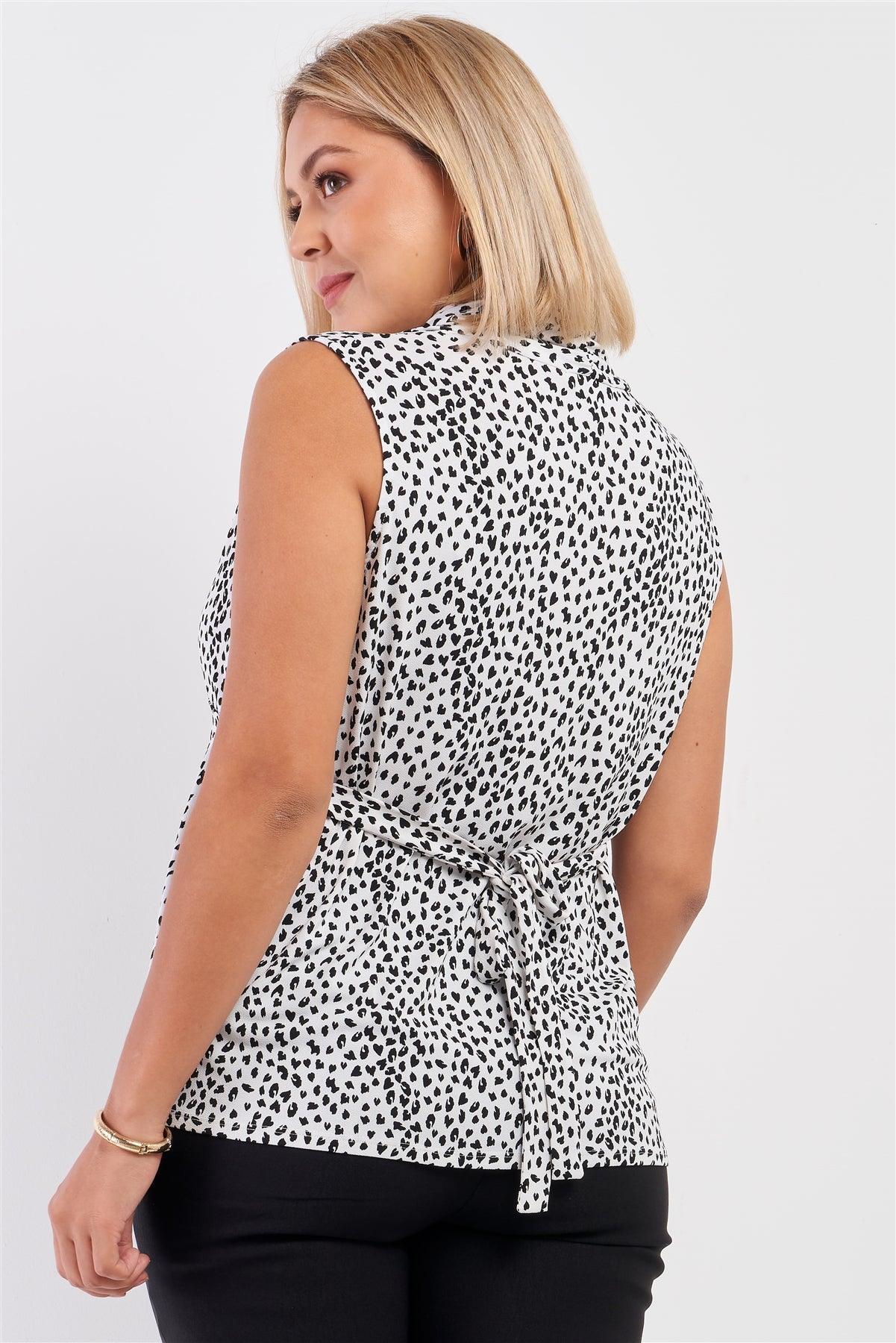 Junior Plus Black & White Leopard Print V-Neck Sleeveless Self-Tie Back Detail Flare Top /3-1-1