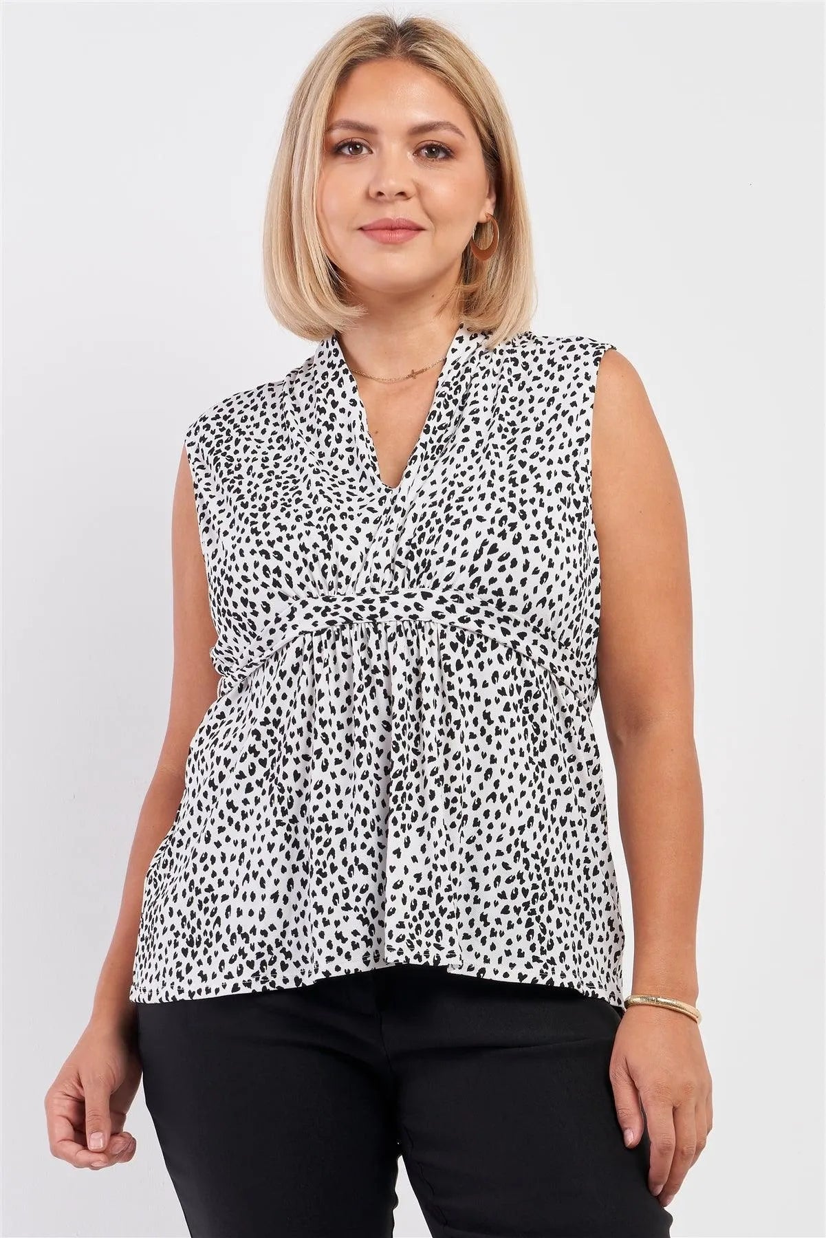 Junior Plus Black & White Leopard Print V-Neck Sleeveless Self-Tie Back Detail Flare Top /3-2-1 - Tasha Apparel Wholesale