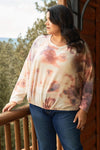 Junior Plus Cream Rust Bleached Tie-Dye Long Sleeve Drawstring Detail Relaxed Sweatshirt /3-2-1 - Tasha Apparel Wholesale