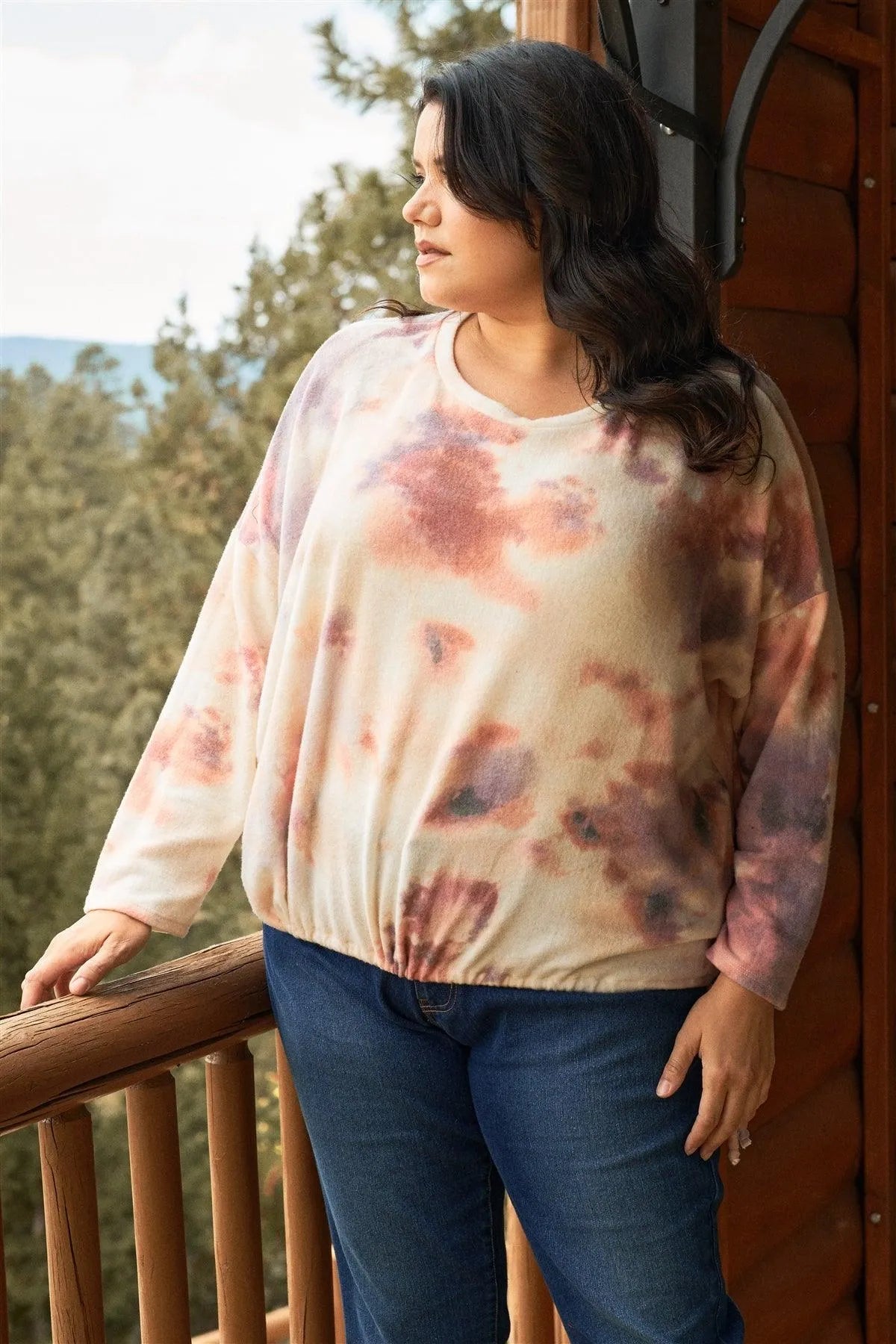 Junior Plus Cream Rust Bleached Tie-Dye Long Sleeve Drawstring Detail Relaxed Sweatshirt /3-2-1 - Tasha Apparel Wholesale