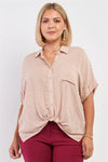 Junior Plus Taupe Short Sleeve Knit Bead Self-Tie Front Detail Button Down Top /3-2-1 - Tasha Apparel Wholesale