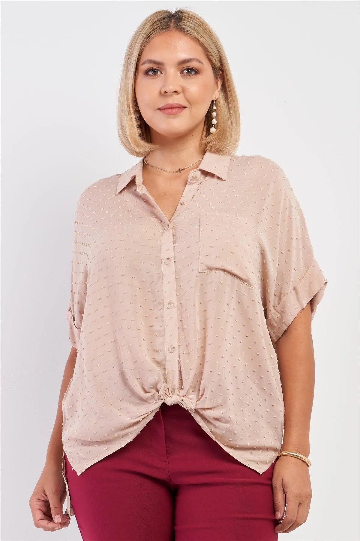 Junior Plus Taupe Short Sleeve Knit Bead Self-Tie Front Detail Button Down Top /3-2-1 - Tasha Apparel Wholesale