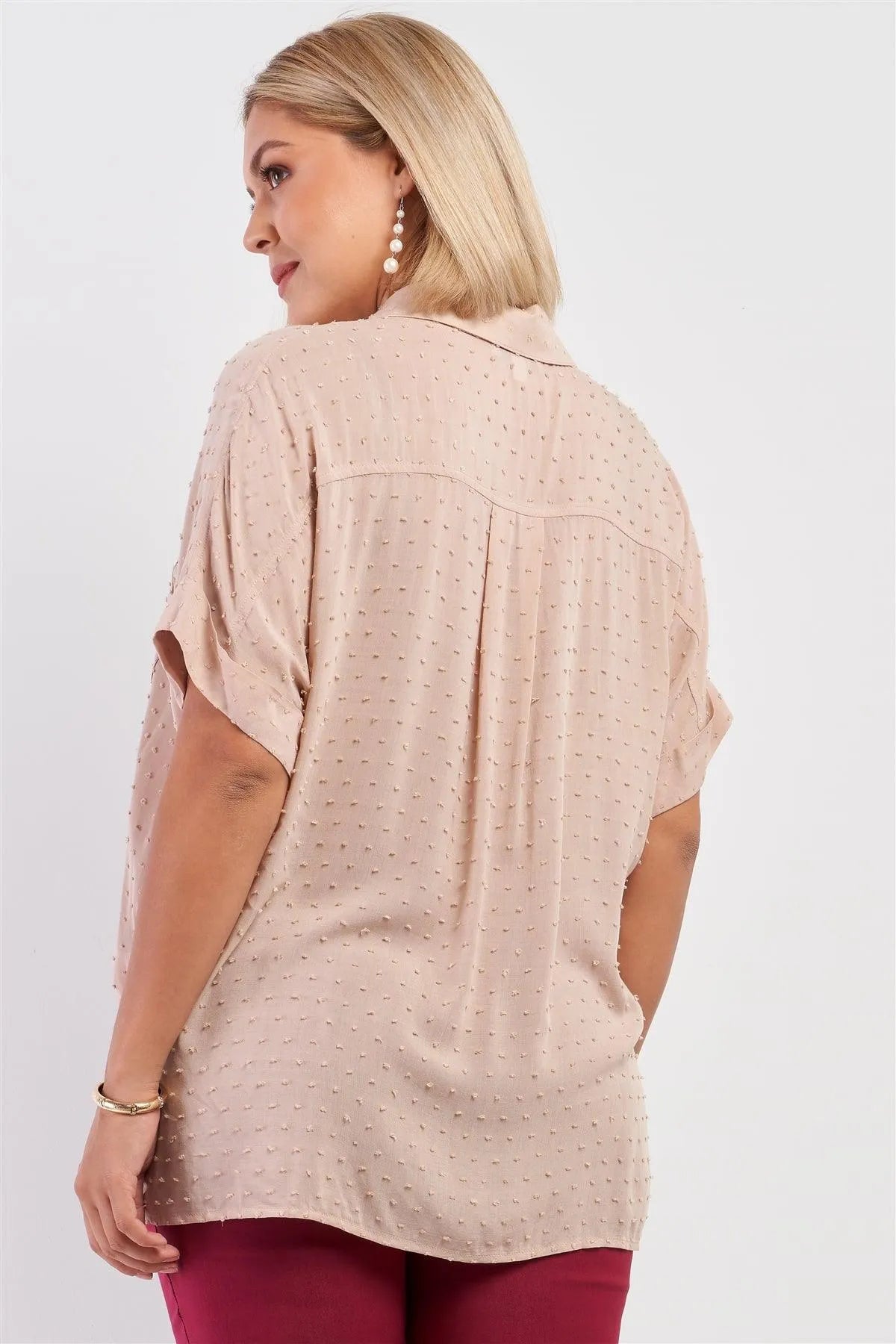 Junior Plus Taupe Short Sleeve Knit Bead Self-Tie Front Detail Button Down Top /3-2-1 - Tasha Apparel Wholesale