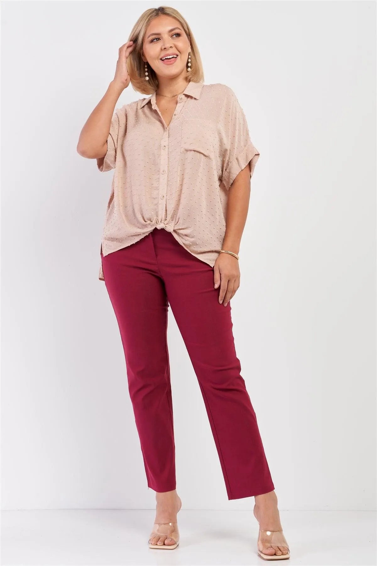 Junior Plus Taupe Short Sleeve Knit Bead Self-Tie Front Detail Button Down Top /3-2-1 - Tasha Apparel Wholesale