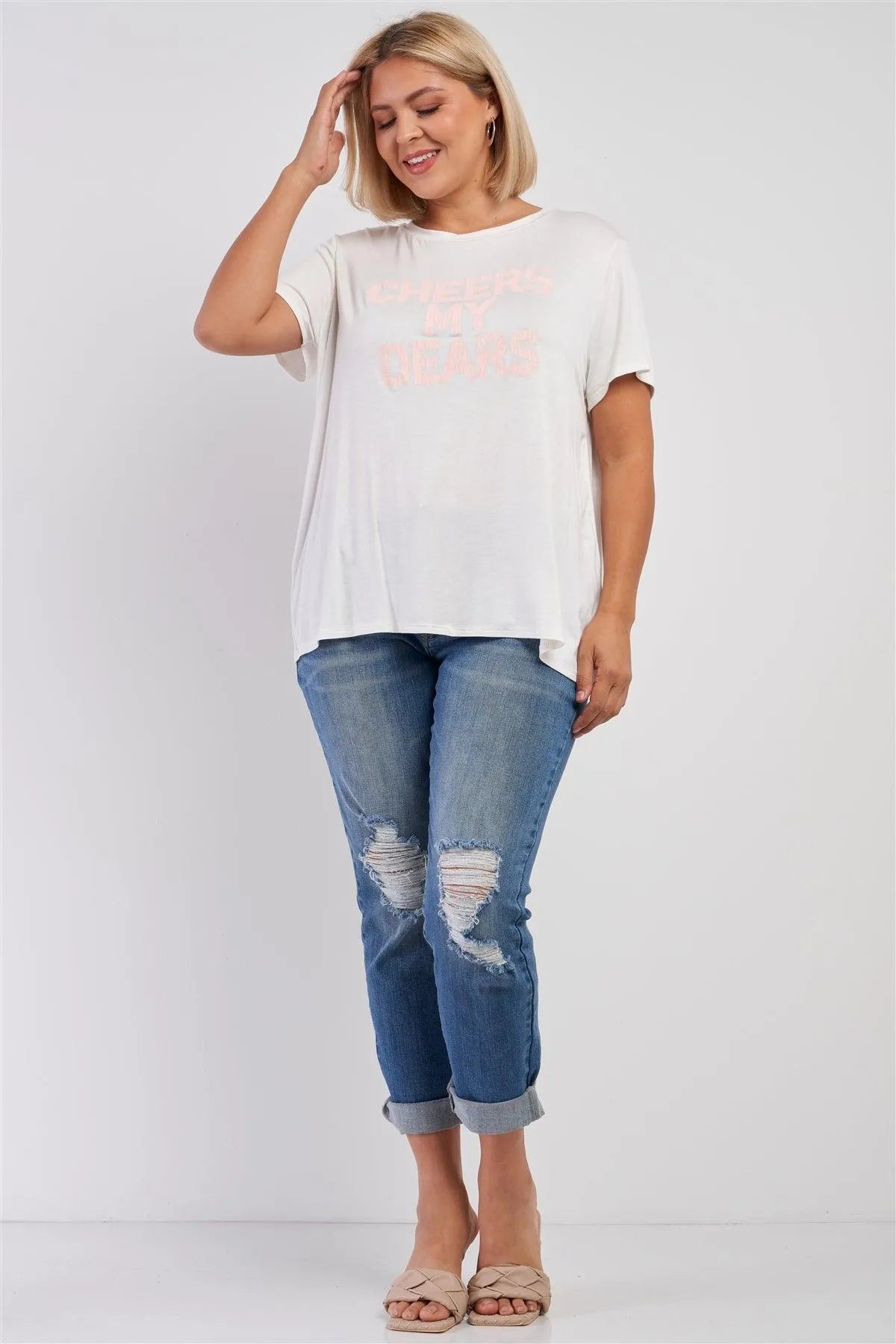 Junior Plus White Relaxed "Cheers My Dears" Print Logo T-Shirt Top /1-2-2 - Tasha Apparel Wholesale