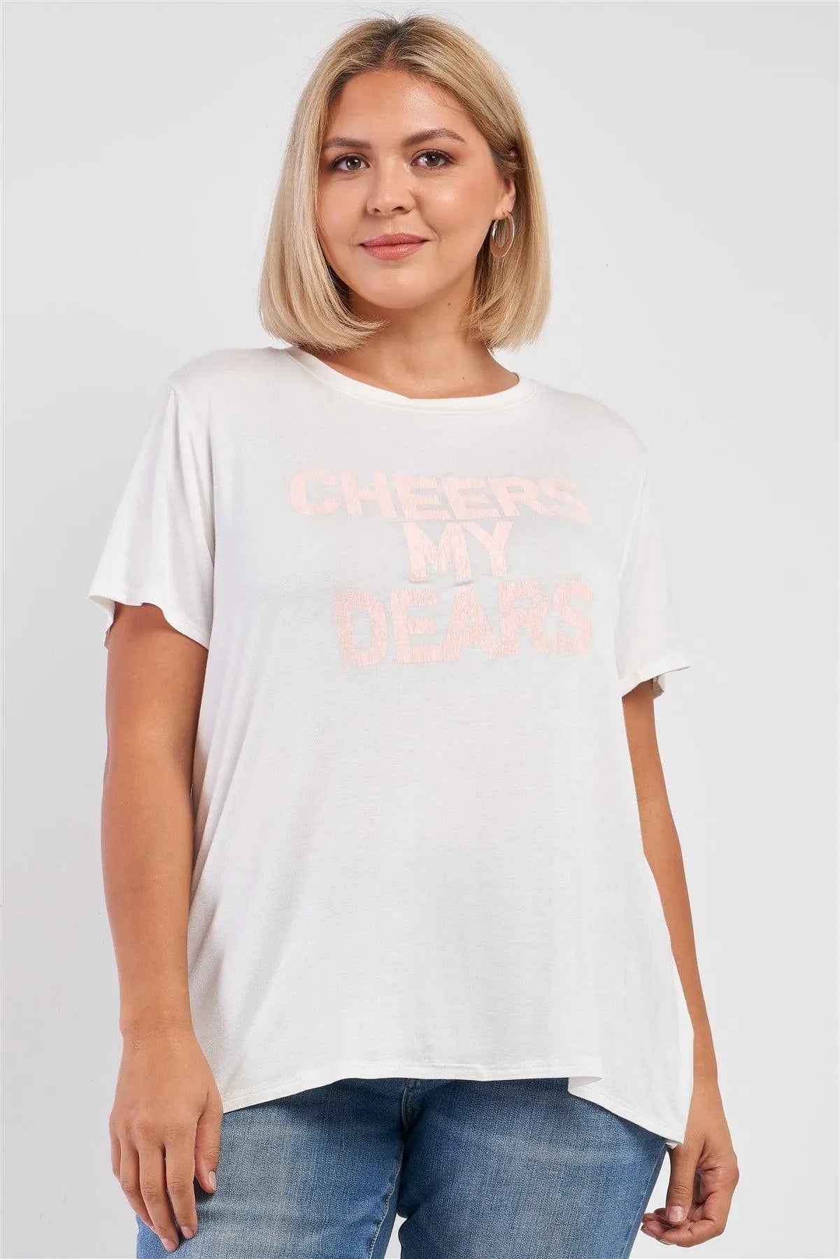 Junior Plus White Relaxed "Cheers My Dears" Print Logo T-Shirt Top /3-2-1 - Tasha Apparel Wholesale