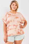 Junior Plus Light Marsala Tie-Die Crew Neck Short Folded Sleeve Top /1-2-1 - Tasha Apparel Wholesale