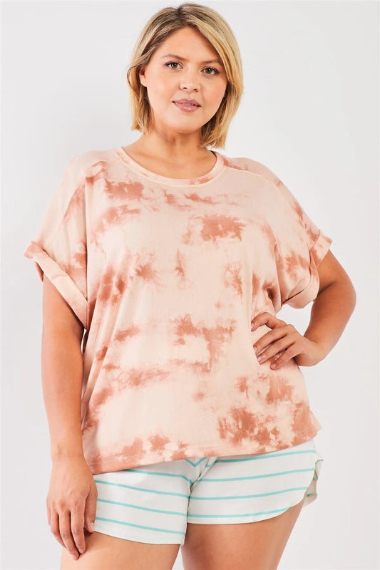 Junior Plus Light Marsala Tie-Die Crew Neck Short Folded Sleeve Top /1-2-1 - Tasha Apparel Wholesale