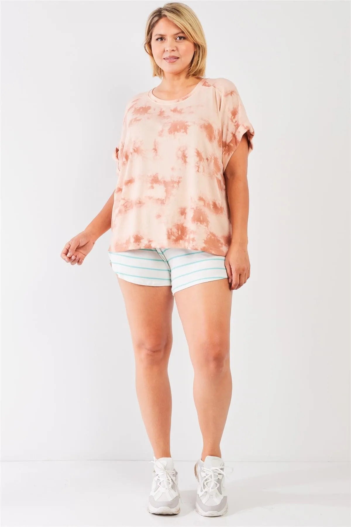 Junior Plus Light Marsala Tie-Die Crew Neck Short Folded Sleeve Top /3-2-1 - Tasha Apparel Wholesale