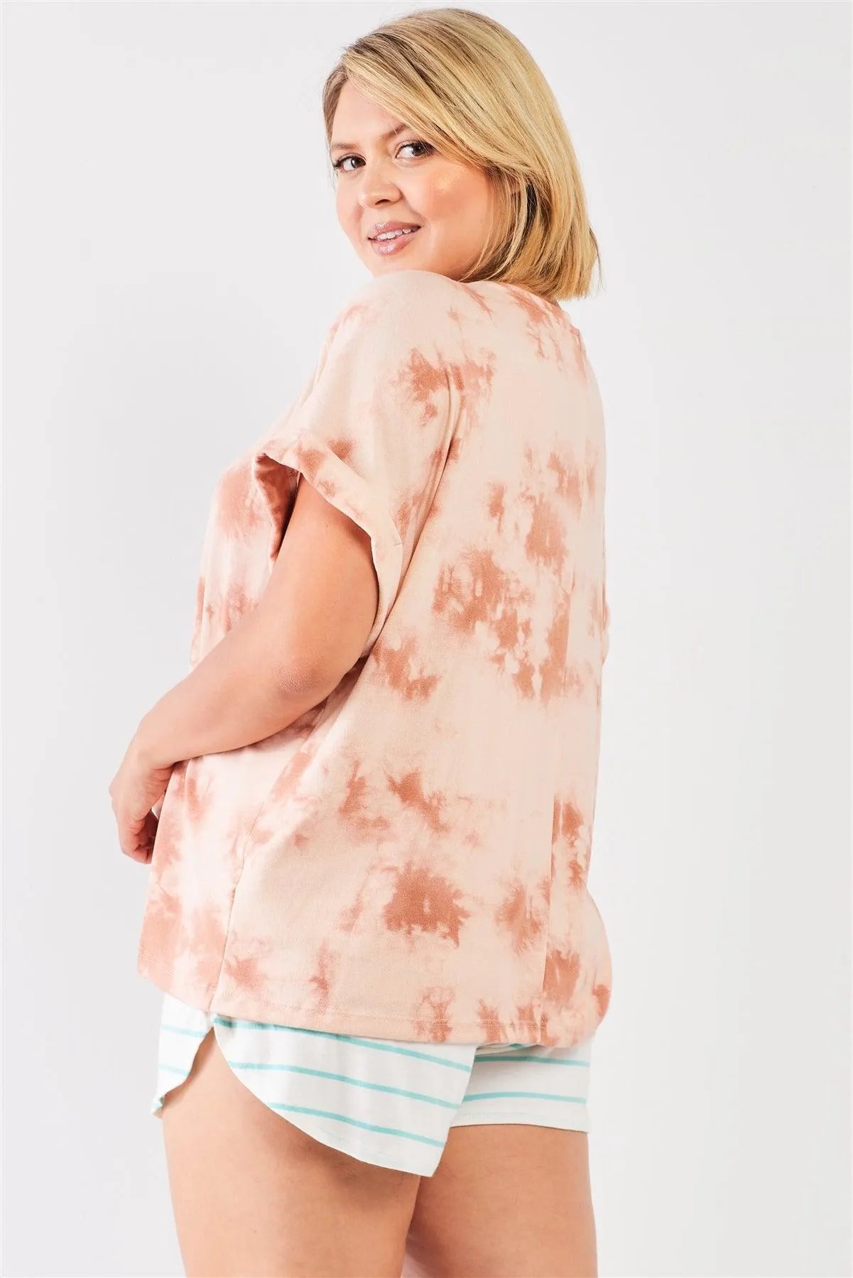 Junior Plus Light Marsala Tie-Die Crew Neck Short Folded Sleeve Top /3-2-1 - Tasha Apparel Wholesale