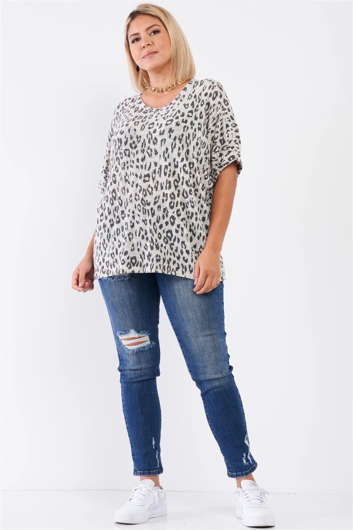 Junior Plus Light Grey Leopard Print Relaxed Round Neck Top /3-2-1 - Tasha Apparel Wholesale