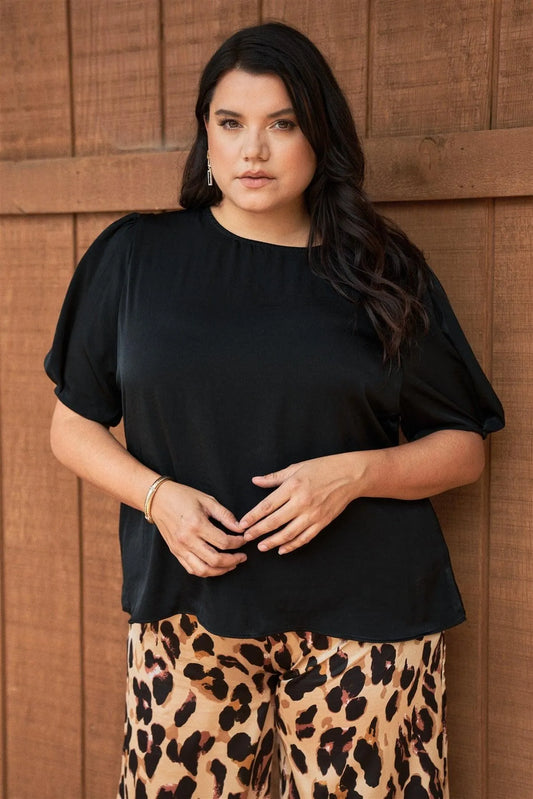 Plus Size Black Satin Round Neck Short Sleeve Top /3-2-1 - Tasha Apparel Wholesale