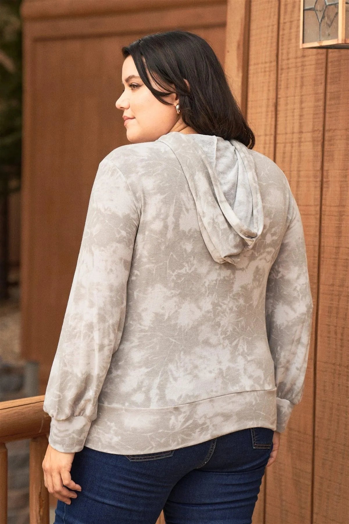 Junior Plus Grey Tie-Dye Long Sleeve Hoodie /2-2-1 - Tasha Apparel Wholesale
