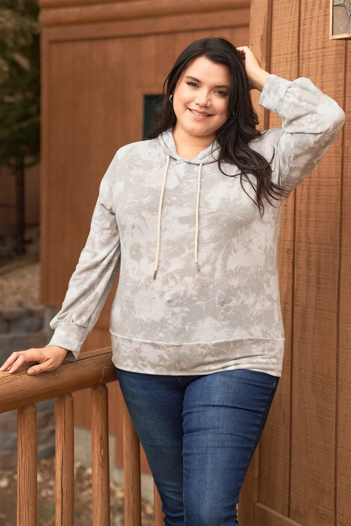 Junior Plus Grey Tie-Dye Long Sleeve Hoodie /2-2-1 - Tasha Apparel Wholesale