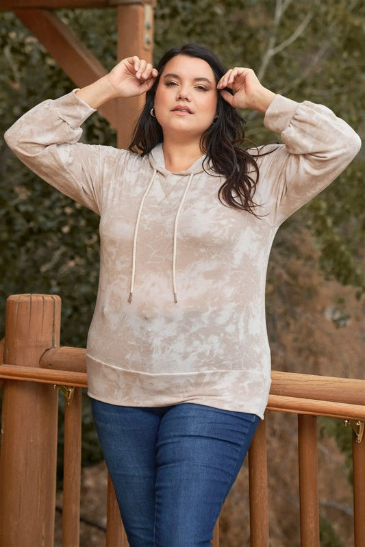 Junior Plus Taupe Tie-Dye Long Sleeve Hoodie /1-2-1 - Tasha Apparel Wholesale