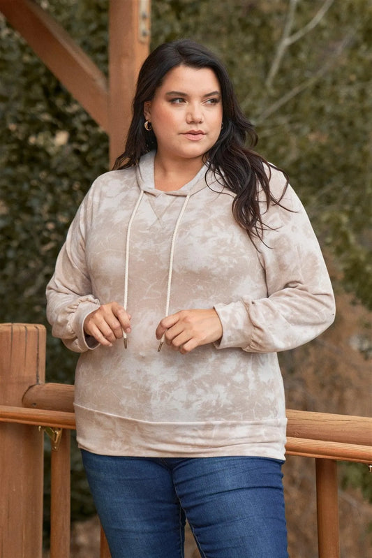 Junior Plus Taupe Tie-Dye Long Sleeve Hoodie /3-2-1 - Tasha Apparel Wholesale