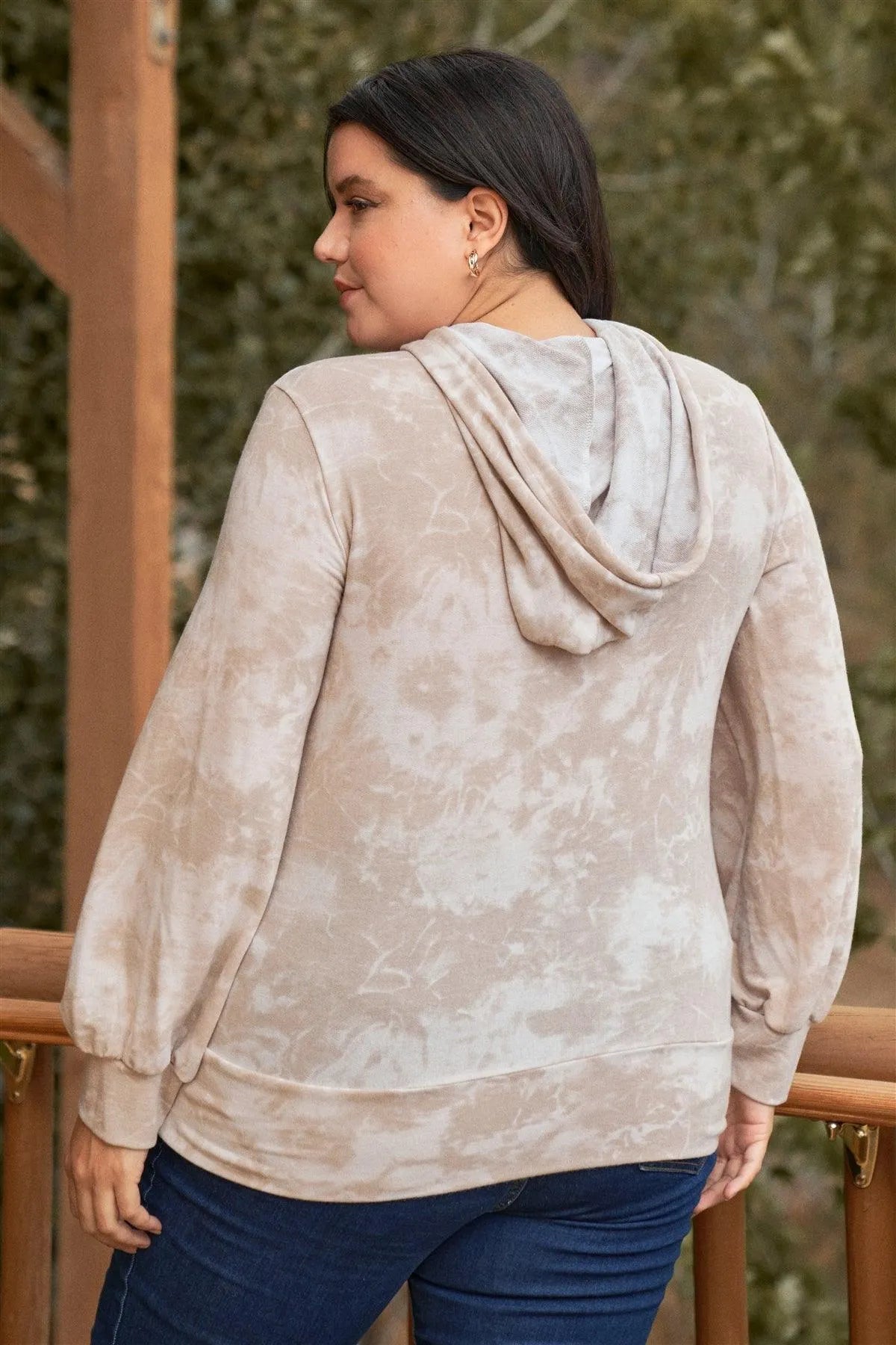 Junior Plus Taupe Tie-Dye Long Sleeve Hoodie /3-2-1 - Tasha Apparel Wholesale