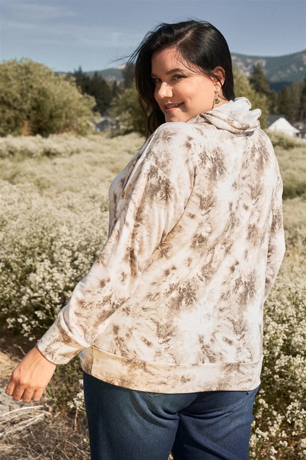 Junior Plus Taupe Tie-Dye Acid Wash Print Hooded High Neck Long Sleeve Hoodie /3-2-1 - Tasha Apparel Wholesale