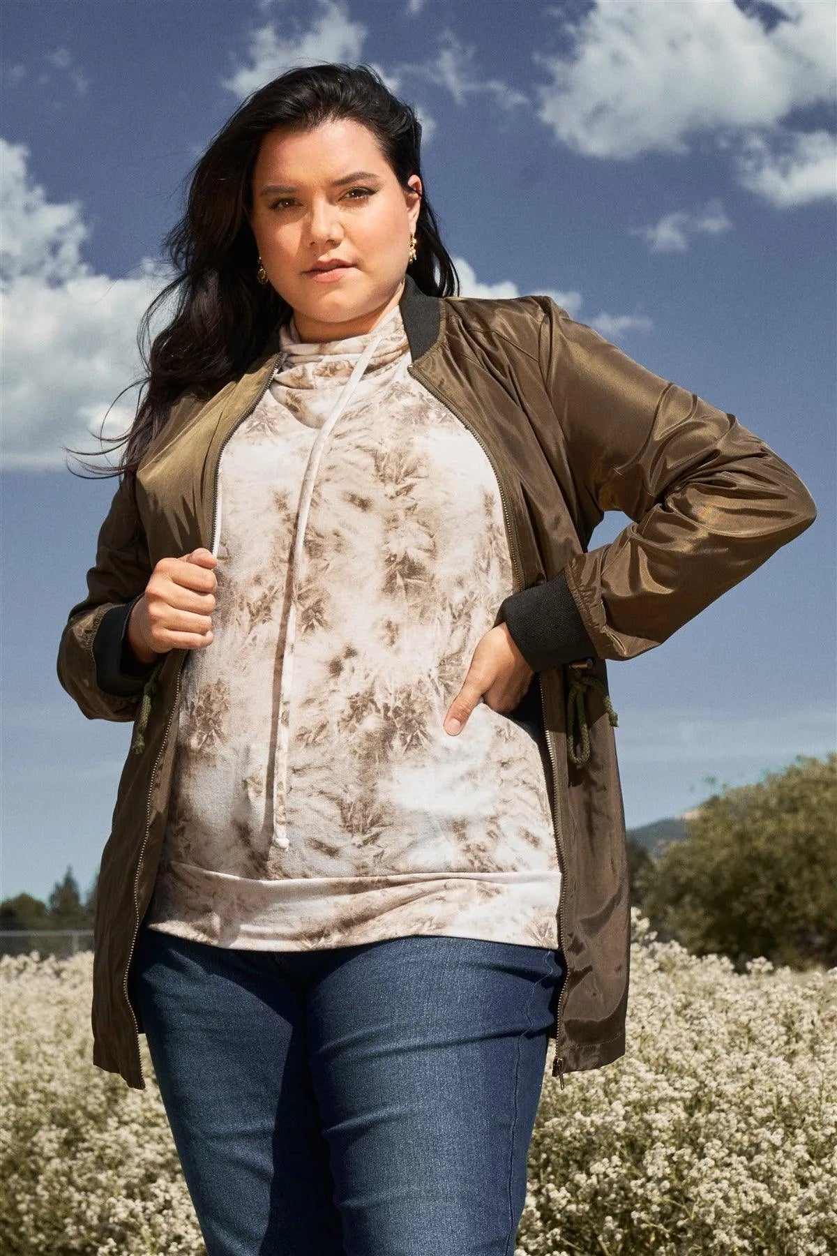 Junior Plus Taupe Tie-Dye Acid Wash Print Hooded High Neck Long Sleeve Hoodie /3-2-1 - Tasha Apparel Wholesale