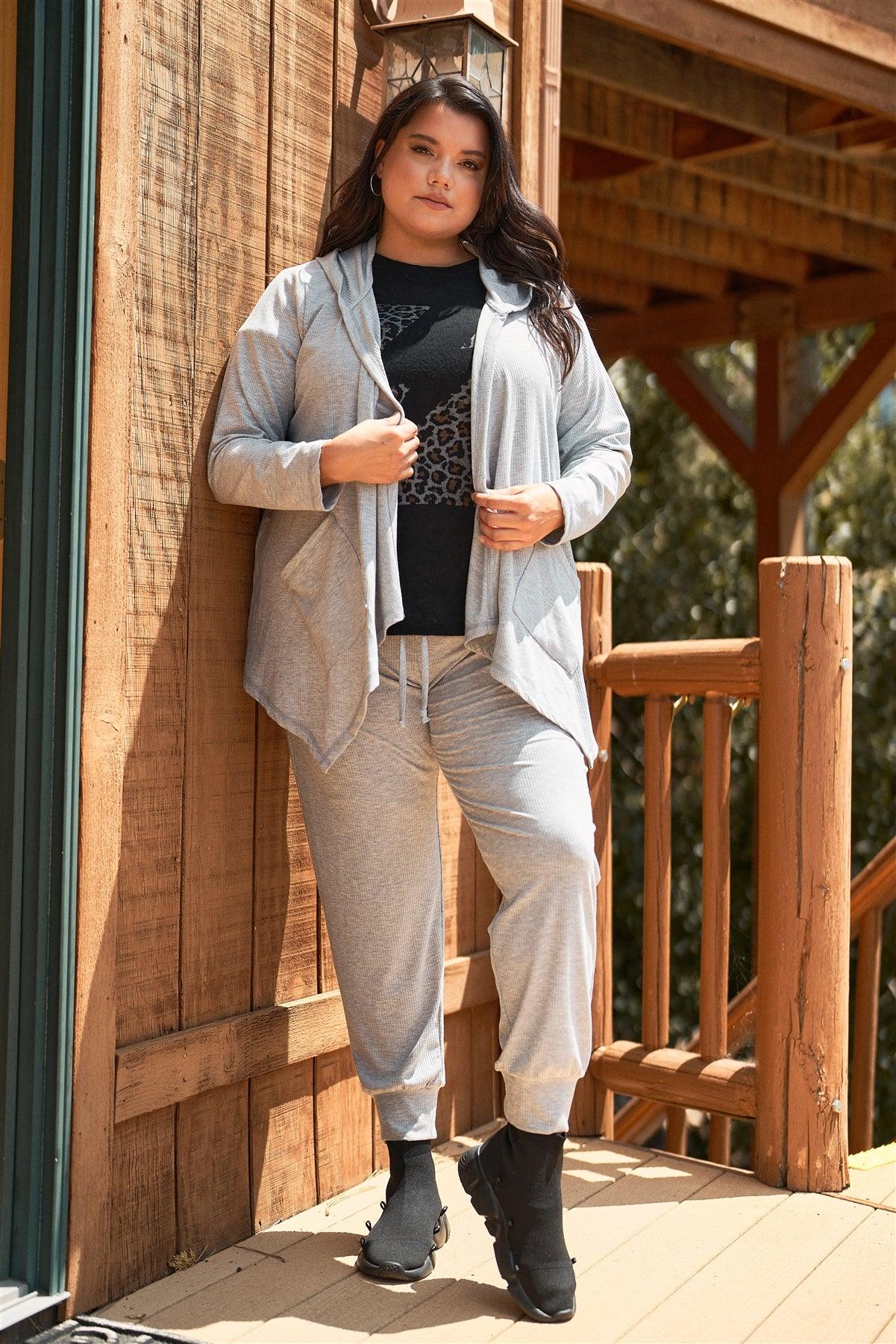 Junior Plus Heather-Grey Ribbed Long Sleeve Open Front Hooded Top & High-Waisted Sweatpants Two Piece Set /3-2-1