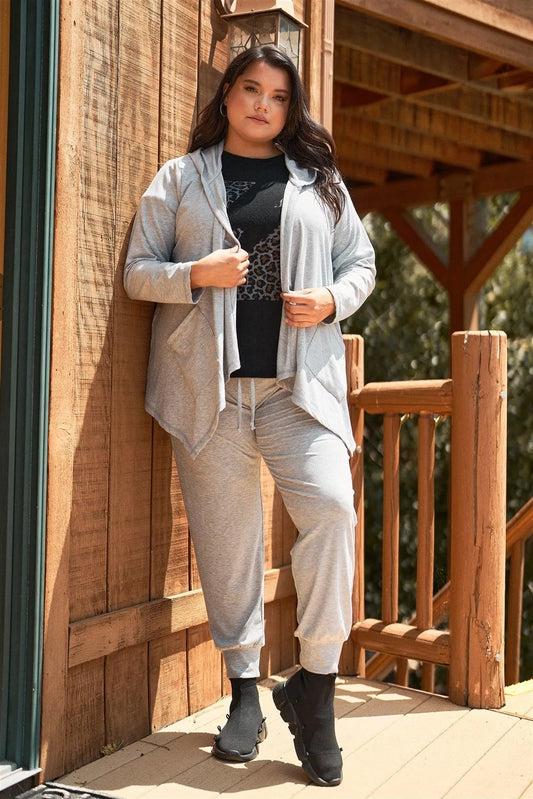 Junior Plus Heather-Grey Ribbed Long Sleeve Open Front Hooded Top & High-Waisted Sweatpants Two Piece Set /3-2-1 - Tasha Apparel Wholesale