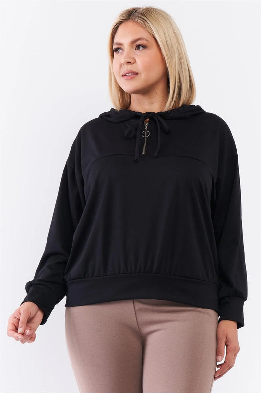 Junior Plus Black Oversize High Neck Zip-Up Detail Draw String Tie Hoodie Sweatshirt /3-2-1 - Tasha Apparel Wholesale