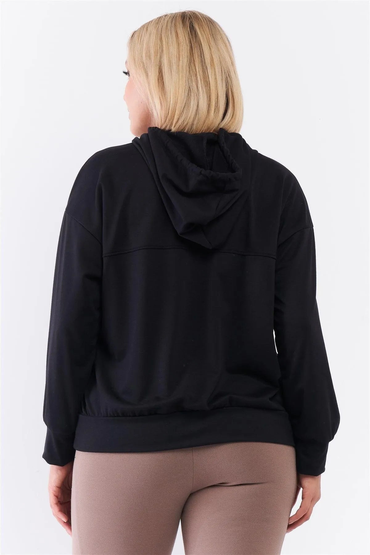Junior Plus Black Oversize High Neck Zip-Up Detail Draw String Tie Hoodie Sweatshirt /3-2-1 - Tasha Apparel Wholesale