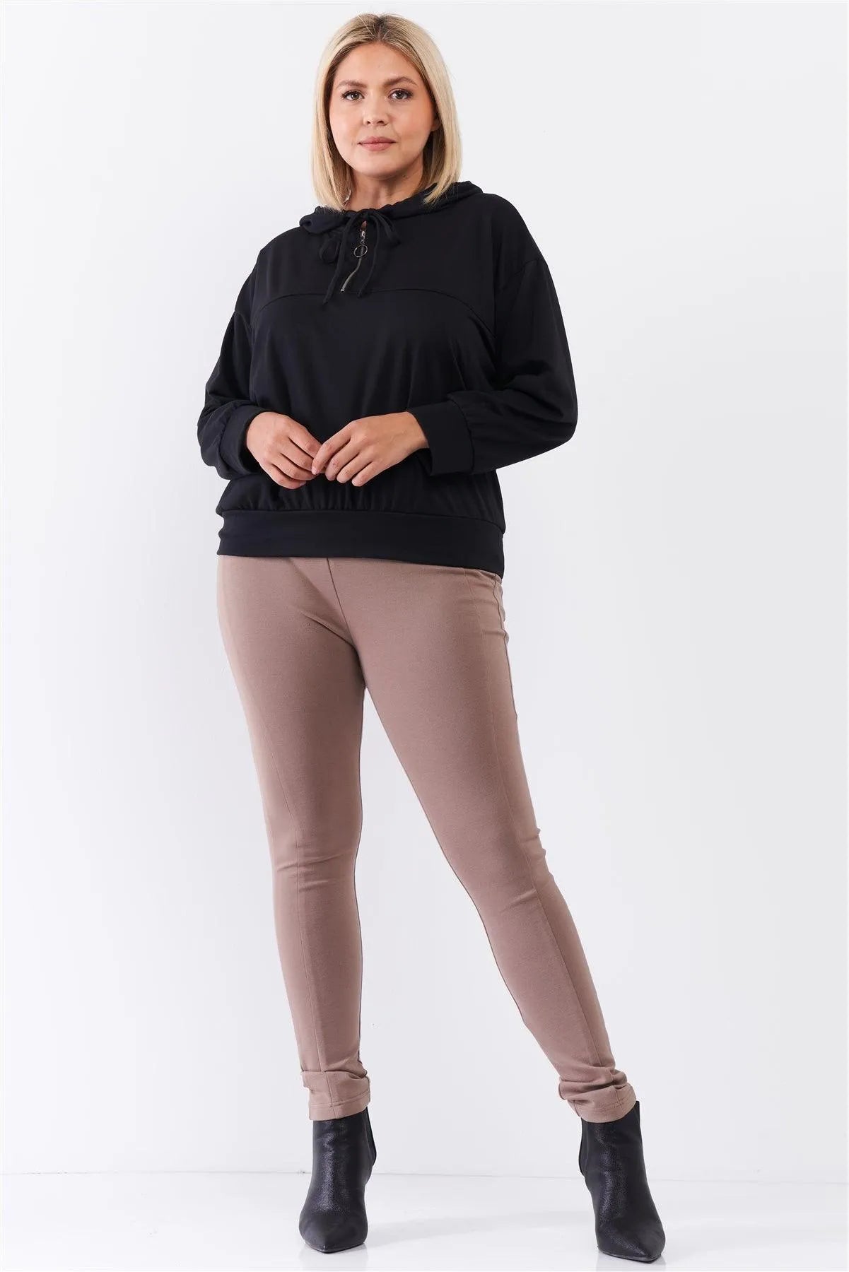 Junior Plus Black Oversize High Neck Zip-Up Detail Draw String Tie Hoodie Sweatshirt /3-2-1 - Tasha Apparel Wholesale