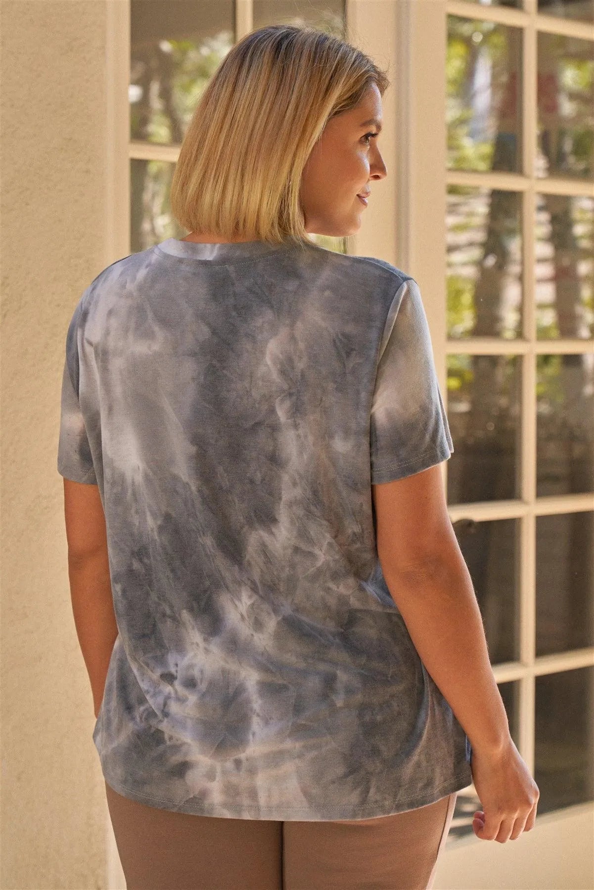 Junior Plus Charcoal Tie-Dye Print Round Neck Short Sleeve Relaxed Fit T-Short Top /3-2-1 - Tasha Apparel Wholesale