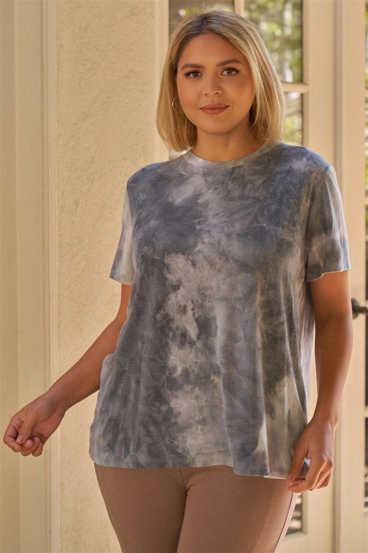 Junior Plus Charcoal Tie-Dye Print Round Neck Short Sleeve Relaxed Fit T-Short Top /3-2-1 - Tasha Apparel Wholesale