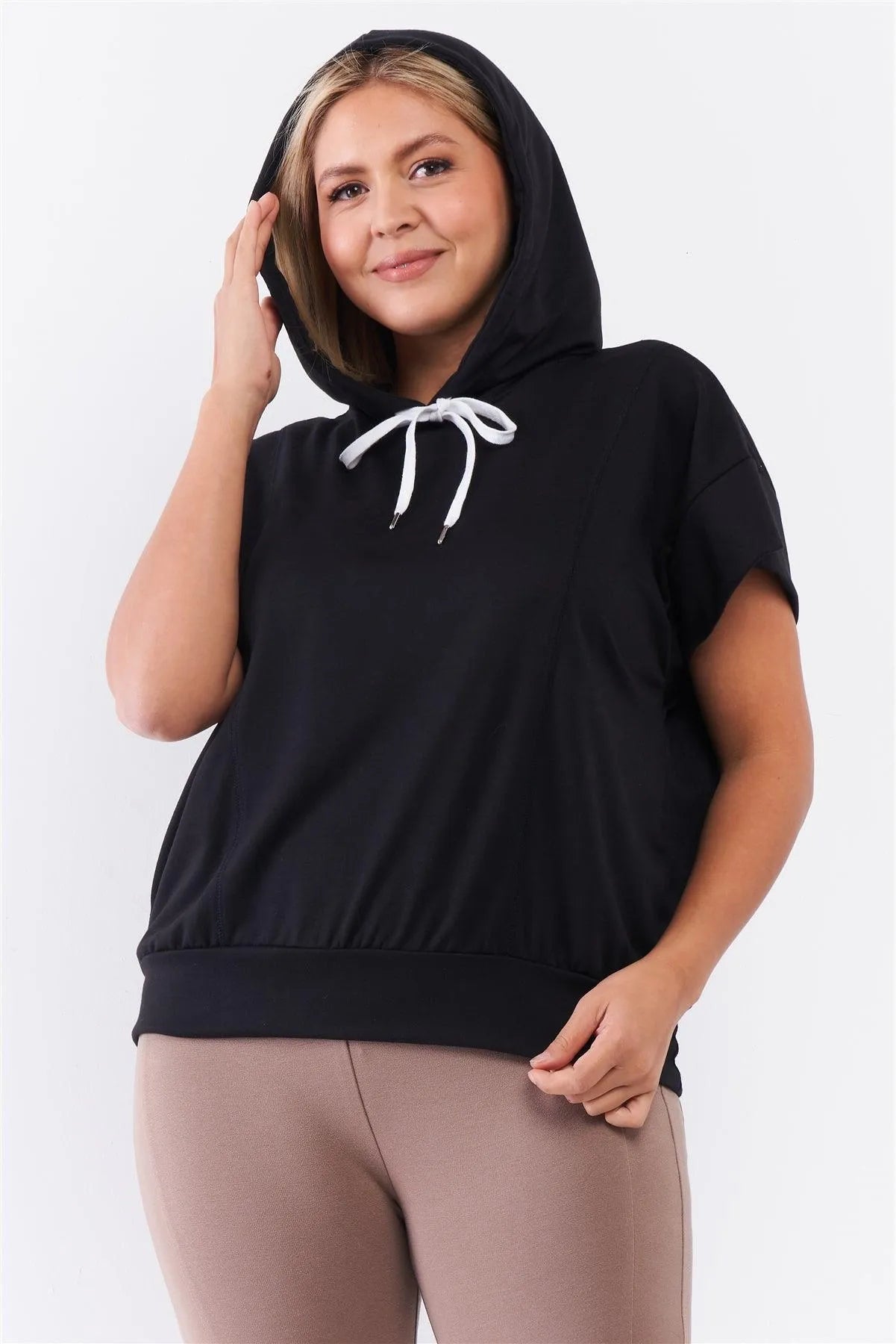Black Short Wing Sleeve Relaxed Fit White Draw String Tie Hood Detail Top /2-2-1 - Tasha Apparel Wholesale
