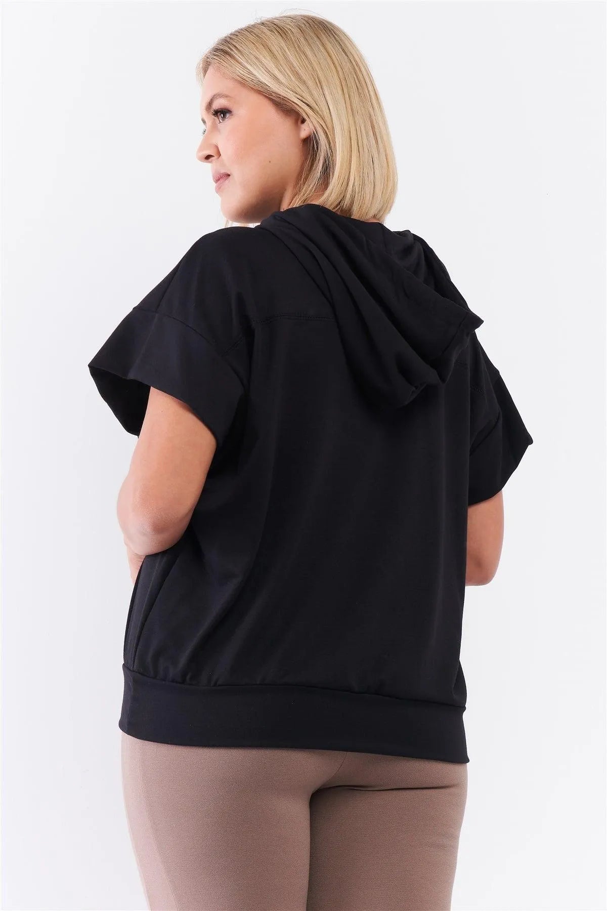Black Short Wing Sleeve Relaxed Fit White Draw String Tie Hood Detail Top /2-2-1 - Tasha Apparel Wholesale