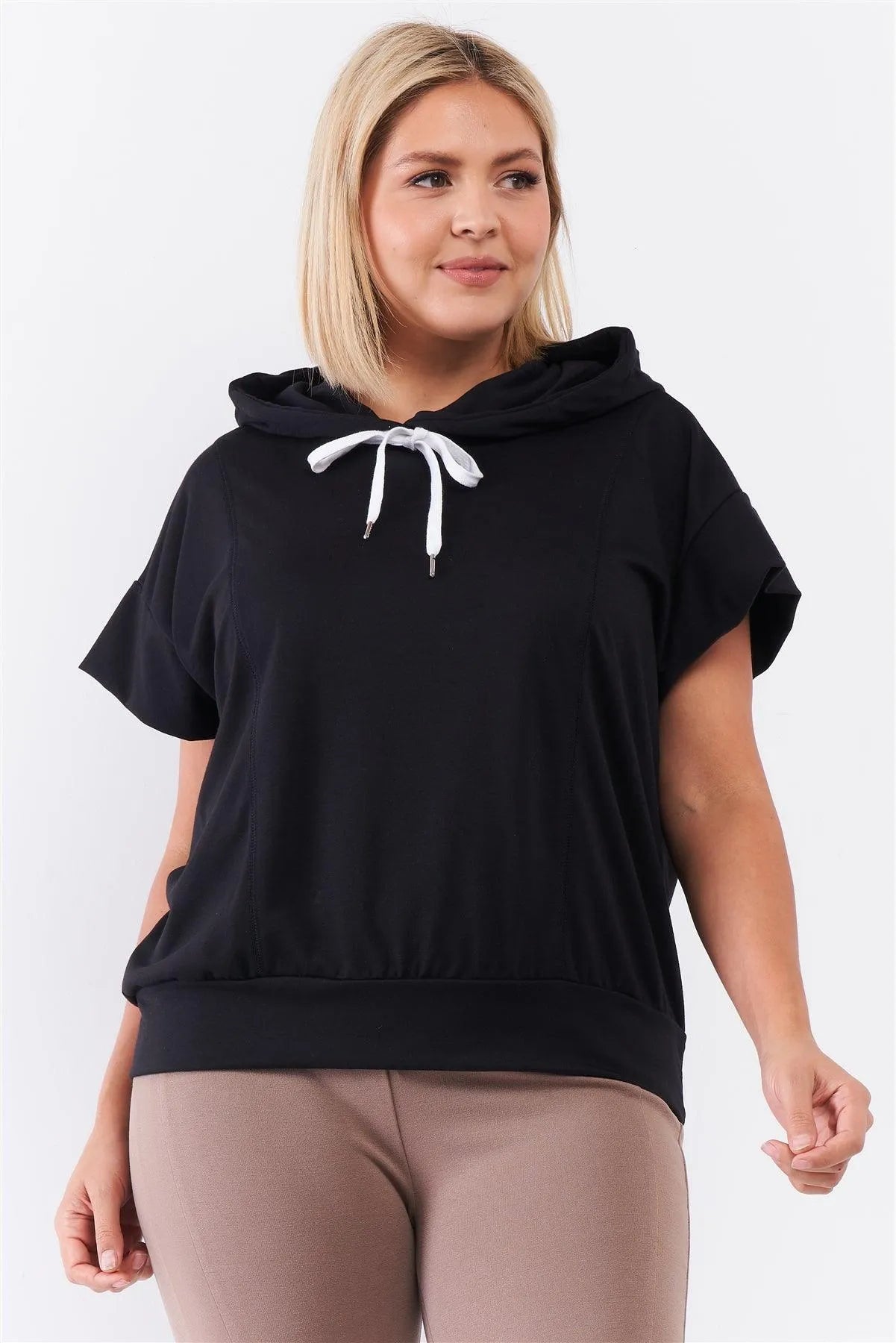 Black Short Wing Sleeve Relaxed Fit White Draw String Tie Hood Detail Top /2-2-1 - Tasha Apparel Wholesale