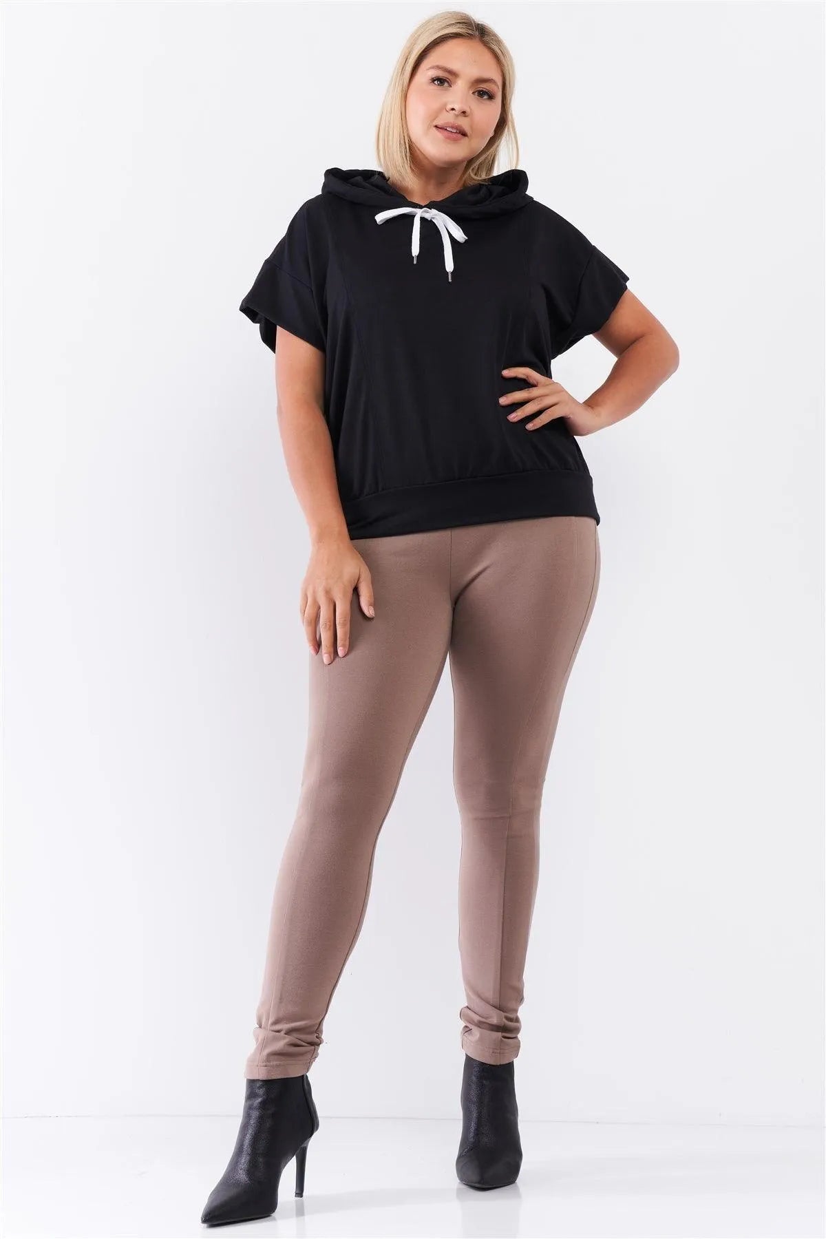 Black Short Wing Sleeve Relaxed Fit White Draw String Tie Hood Detail Top /2-2-1 - Tasha Apparel Wholesale
