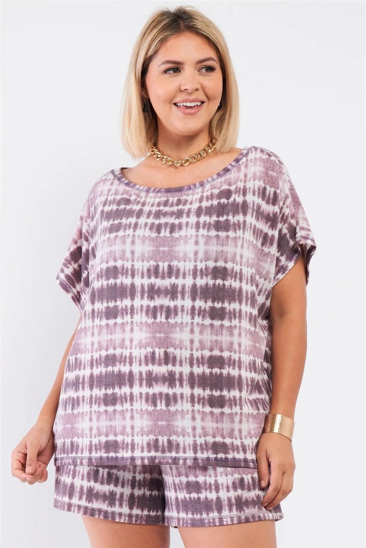 Junior Plus Plum Tie Dye Round Neck Relaxed Fit Short Sleeve Top /2-2-1 - Tasha Apparel Wholesale