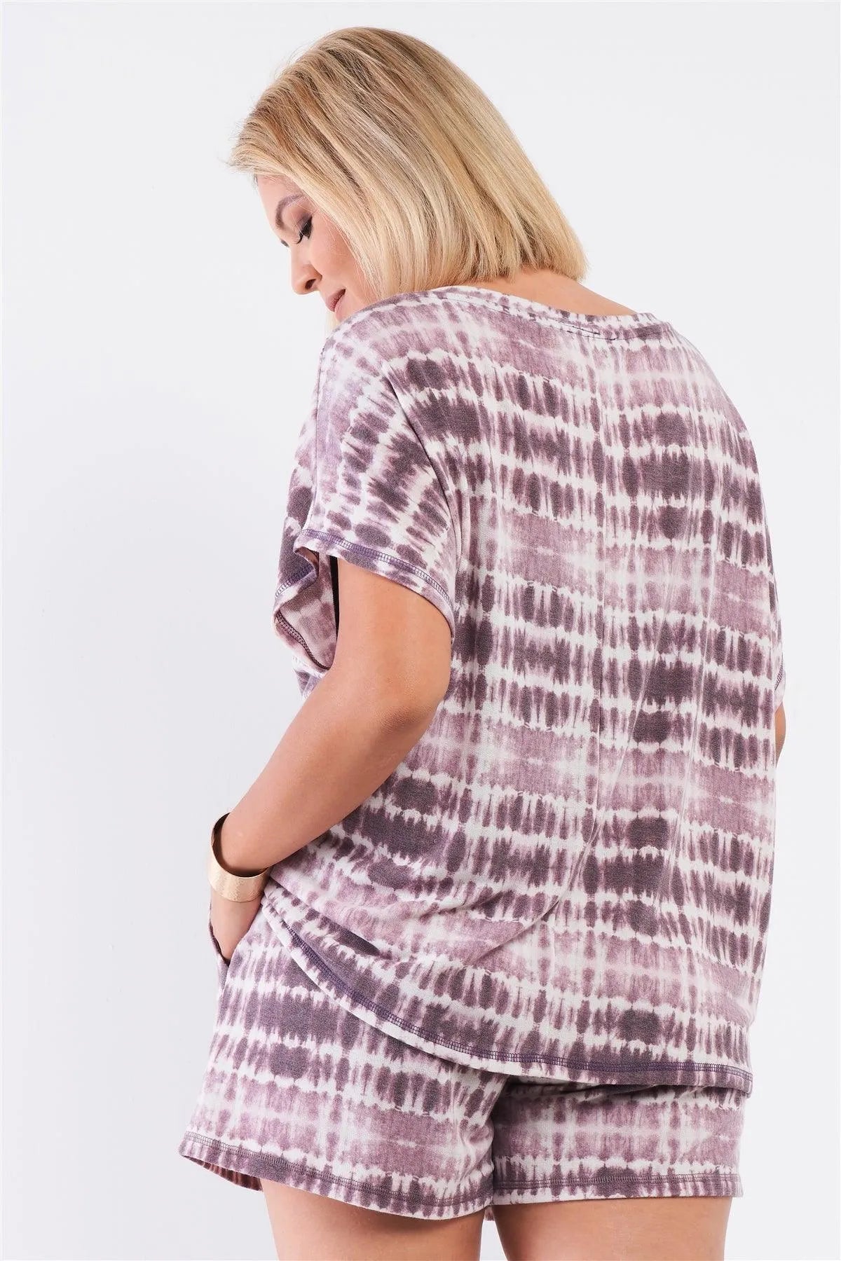 Junior Plus Plum Tie Dye Round Neck Relaxed Fit Short Sleeve Top /2-2-1 - Tasha Apparel Wholesale