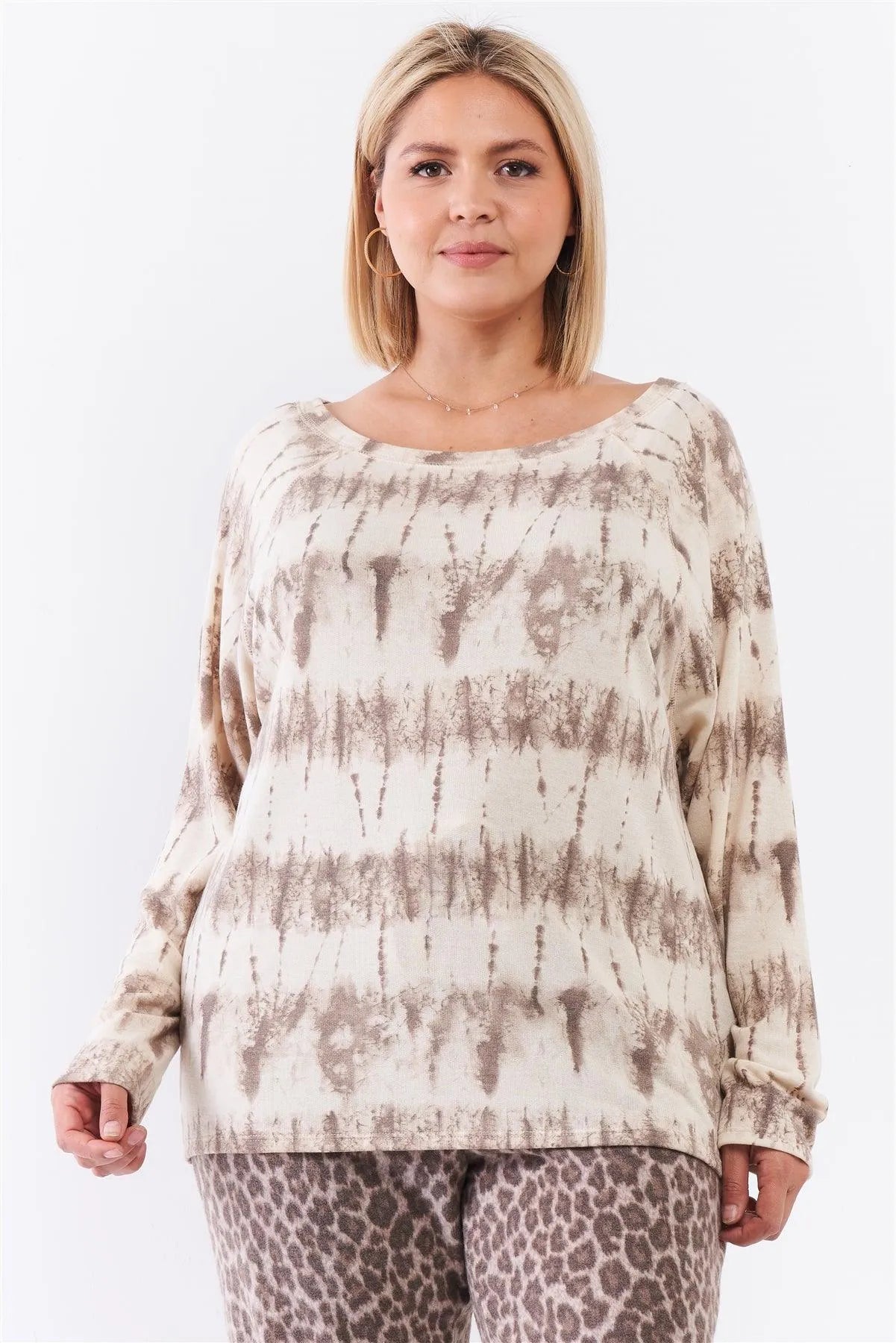 Junior Plus Ivory Acid Wash Print Bateau Neck Relaxed Fit Long Sleeve Top /2-2-1 - Tasha Apparel Wholesale